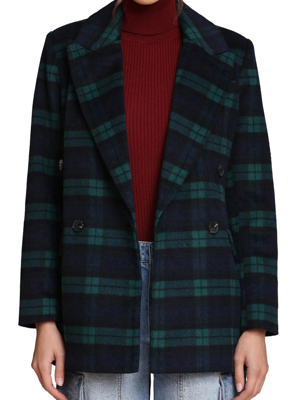 Avec Les Filles Black Watch Plaid Double-Breasted Peacoat